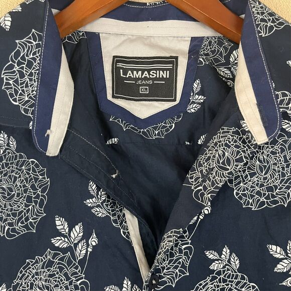 Lamasini Jeans Men's Blue Shirt Size XL Casual  Button Down Blue & White Floral - Picture 2 of 6